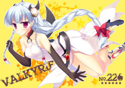 Rule 34 | 1girl, bare shoulders, black gloves, bow, braid, character name, choker, elbow gloves, gloves, hair bow, hair ornament, holding, holding hair, light valkyrie (p&amp;d), long hair, motomiya mitsuki, multiple braids, pointy ears, puzzle &amp; dragons, red eyes, silver hair, solo, star (symbol), valkyrie (p&amp;d), yellow background