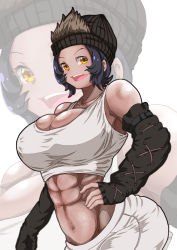 Rule 34 | 1girl, abs, alternate breast size, arm at side, armpits, bare shoulders, beanie, black hair, breasts, bursting breasts, cleavage, collarbone, commentary request, curvy, dark-skinned female, dark skin, elbow gloves, fang, fingerless gloves, gloves, gorilla (kemono friends), hand on own hip, hat, huge breasts, kemono friends, looking at viewer, midriff, navel, open mouth, orange eyes, pants, short hair, sidelocks, skindentation, smile, solo, stomach, tank top, toned, tunndererabu, upper body, white pants, white tank top