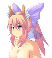Rule 34 | 10s, 1girl, animal ears, artist request, blush, breasts, fate/extra, fate (series), fox ears, hair ribbon, large breasts, no bra, pink hair, ribbon, solo, tamamo no mae (fate/extra), yellow eyes