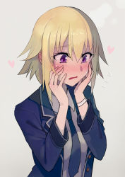 Rule 34 | 1girl, blazer, blonde hair, blush, embarrassed, fate/apocrypha, fate (series), flying sweatdrops, formal, hair between eyes, hands on own cheeks, hands on own face, heart, holding, holding face, jacket, jeanne d&#039;arc (fate), jeanne d&#039;arc (girl from orleans) (fate), jeanne d&#039;arc (ruler) (fate), looking down, necktie, open mouth, purple eyes, solo, upper body, walzrj, wristband