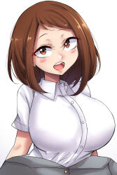 Rule 34 | blush stickers, boku no hero academia, breasts, brown eyes, brown hair, highres, large breasts, looking at viewer, matching hair/eyes, mistynight, open mouth, shirt, simple background, smile, teeth, tongue, uraraka ochako, white background, white shirt