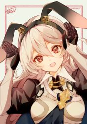 Rule 34 | 1girl, animal ears, atoatto, cape, corrin (female) (fire emblem), corrin (fire emblem), elbow gloves, fire emblem, fire emblem fates, framed, gloves, hair ornament, long hair, looking at viewer, nintendo, portrait, rabbit ears, rabbit hair ornament, red eyes, signature, smile, solo, white hair