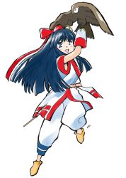 Rule 34 | 1girl, ainu clothes, arm up, artist name, blue eyes, blue hair, breasts, hair ribbon, highres, leg up, legs, long hair, looking at viewer, mamahaha, nakoruru, open mouth, pants, ribbon, samurai spirits, small breasts, smile, snk, the king of fighters, thighs