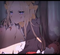 Rule 34 | 1girl, abigail williams (fate), black bow, black dress, blonde hair, blood, blood on face, bloomers, bow, bruise, damaged, dress, fate/grand order, fate (series), forest, hiiragi fuyuki, injury, long hair, long sleeves, looking away, nature, orange bow, outdoors, parted bangs, polka dot, polka dot bow, purple eyes, sitting, solo, stuffed animal, stuffed toy, teddy bear, tree, underwear, very long hair, white bloomers