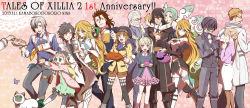 Rule 34 | 10s, 2013, 6+boys, 6+girls, alcohol, alvin (tales), anniversary, artist name, beer, cake, copyright name, cup, cupcake, dated, drinking glass, elize lutus, elle mel marta, everyone, food, fruit, gaius (tales), highres, jude mathis, julius will kresnik, lal mel marta, leia rolando, ludger will kresnik, milla (fractured), milla maxwell, multiple boys, multiple girls, muzet (tales), necktie, nina (pastime), parfait, pear, pie, pink background, pink necktie, plate, rowen j. ilbert, strawberry shortcake, tales of (series), tales of xillia, tales of xillia 2, teepo (tales), turkey (food), victor (tales), wine, wine glass