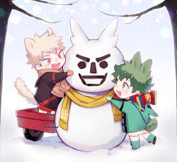 Rule 34 | 2boys, :d, adapted costume, aged down, all might, animal ears, bakugou katsuki, black hood, black shirt, blonde hair, blouse, blurry, blush, bokeh, boku no hero academia, branch, brown scarf, character snowman, child, clothing cutout, commentary request, depth of field, eye contact, fangs, freckles, fringe trim, from side, full body, green eyes, green footwear, green hair, green hood, green mittens, green shirt, hand up, happy, highres, hooded shirt, leg up, long sleeves, looking at another, male focus, meltnotmelt, midoriya izuku, mittens, multicolored clothes, multicolored scarf, multiple boys, open mouth, orange mittens, outdoors, outstretched arm, rabbit boy, rabbit ears, rabbit tail, raised eyebrows, red eyes, red shorts, round teeth, scarf, shirt, short hair, shorts, single horizontal stripe, smile, snowflake print, snowing, snowman, spiked hair, standing, standing on one leg, striped clothes, striped scarf, tail, tail through clothes, teeth, thai commentary, toy wagon, tree, twitter username, upper teeth only, v-shaped eyebrows, vertical-striped clothes, vertical-striped scarf, white shorts, winter, wolf boy, wolf ears, wolf tail, yellow scarf