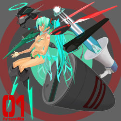 Rule 34 | 1girl, blue hair, breasts, cable, hatsune miku, long hair, mecha, megaphone, nude, robot, small breasts, solo, twintails, usb, vocaloid, yuuki (irodo rhythm)