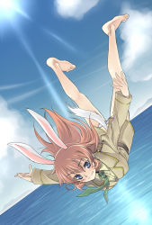 Rule 34 | 00s, 1girl, animal ears, barefoot, blue eyes, brown hair, charlotte e. yeager, falling, feet, highres, long hair, necktie, panties, rabbit ears, rabbit girl, rabbit tail, satou atsuki, solo, strike witches, tail, underwear, world witches series