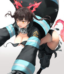 Rule 34 | 1girl, ass, baggy pants, bent over, bikini, unworn bikini, bikini top only, black bikini, black coat, black gloves, black hair, breasts, cleavage, coat, coat lift, en&#039;en no shouboutai, fiery ears, fiery tail, fire, firefighter, gloves, highres, hip vent, large breasts, open clothes, open coat, orange eyes, pants, pigone, swimsuit, tail, tamaki kotatsu, thighs, torn clothes, torn legwear, twintails, white background