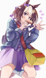 Rule 34 | 1girl, aiou0413, animal ears, backpack, bag, blue jacket, bow, brown hair, carrot, commentary, ear bow, food in mouth, from below, grey skirt, hair ribbon, highres, horse ears, horse girl, jacket, kamome (aiou0413), leg up, looking at viewer, multicolored hair, purple bow, purple eyes, purple ribbon, ribbon, short hair, simple background, skirt, socks, solo, special week (umamusume), two-tone hair, umamusume, white background, white hair, yellow bag