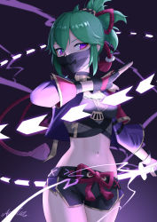Rule 34 | 1girl, absurdres, aquilar, black gloves, black shirt, black shorts, blouse, breasts, commentary, cowboy shot, crop top, cropped jacket, fingerless gloves, genshin impact, gloves, gradient background, green hair, highres, jacket, kuki shinobu, long sleeves, looking at viewer, mask, midriff, mouth mask, navel, open clothes, open jacket, ponytail, purple background, purple eyes, purple jacket, shirt, short hair, short shorts, shorts, small breasts, solo, standing, stomach