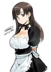 Rule 34 | 1girl, apron, artist name, black ribbon, breasts, brown hair, choker, cleavage, cowboy shot, dated, earrings, fuwari, jewelry, large breasts, long hair, maid, puffy short sleeves, puffy sleeves, ren&#039;ai shimasen ka?, ribbon, ribbon choker, short sleeves, signature, simple background, smile, solo, star (symbol), star earrings, tachibana roku, waist apron, white background