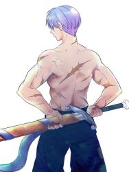 Rule 34 | 1boy, arms behind back, back turned, bare back, blue eyes, dragon ball, dragonball z, expressionless, looking down, male focus, pants, purple hair, rochiko (bgl6751010), scar, short hair, simple background, solo, sword, trunks (dragon ball), trunks (future) (dragon ball), weapon, white background