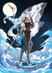 Rule 34 | 1girl, animal, bird, black bodysuit, black gloves, blue hair, blue nails, bodysuit, braid, breast curtain, bridal legwear, chahei, commentary, covered navel, eyes visible through hair, full body, full moon, genshin impact, gloves, hair over one eye, hand up, highres, holding, holding polearm, holding weapon, long hair, moon, nail polish, partially fingerless gloves, polearm, puffy short sleeves, puffy sleeves, purple eyes, shenhe (genshin impact), short sleeves, single braid, solo, spear, standing, symbol-only commentary, toeless footwear, toenail polish, toenails, very long hair, weapon
