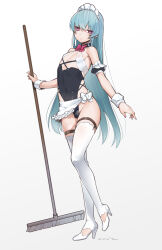 Rule 34 | 1boy, apron, arched back, bare shoulders, black choker, black leotard, blue hair, boots, bow, bowtie, broom, bulge, choker, closed mouth, commentary request, covered erect nipples, covered navel, crossed bangs, dated, detached sleeves, expressionless, full body, hair between eyes, high heel boots, high heels, highres, holding, holding broom, legwear garter, leotard, long hair, looking at viewer, maid, maid headdress, male focus, original, pink bow, pink bowtie, pink eyes, puffy short sleeves, puffy sleeves, short sleeves, signature, simple background, solo, standing, standing on one leg, tawapo, thigh boots, trap, very long hair, waist apron, white apron, white background, white bow, white footwear, wrist cuffs