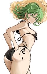 Rule 34 | 1girl, :/, adjusting clothes, adjusting swimsuit, arched back, arms behind back, ass, bikini, black bikini, breasts, closed mouth, curly hair, from behind, green eyes, green hair, halterneck, hat, highres, looking down, looking to the side, one-punch man, rakeemspoon, short hair, side-tie bikini bottom, simple background, small breasts, solo, straw hat, string bikini, sun hat, swimsuit, tatsumaki, white background