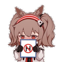 Rule 34 | 1girl, @ @, angelina (arknights), animal ears, arknights, black gloves, black shirt, blush, brown hair, chibi, covering own mouth, fox ears, fox girl, gloves, hairband, holding, holding sign, hood, hood down, hooded jacket, jacket, long hair, lxjun 09, open clothes, open jacket, red eyes, red hairband, shirt, sign, simple background, solo, striped clothes, striped hairband, trembling, twintails, upper body, white background, white jacket