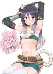 Rule 34 | 2girls, animal ear fluff, animal ears, arm behind head, armpits, arms up, bad id, bad pixiv id, bandeau, bare shoulders, belt, black gloves, black hair, blush, blush stickers, boots, breasts, brown eyes, chibi, cleavage, collarbone, commentary request, elbow gloves, fingerless gloves, gauntlets, gloves, gradient hair, hair between eyes, hair rings, hatsune (princess connect!), highres, holding, holding staff, knee boots, leaning forward, long hair, long sleeves, looking at viewer, midriff, miniskirt, multicolored hair, multiple girls, navel, osananajimi neko, pleated skirt, pointy ears, princess connect!, shiori (princess connect!), side slit, simple background, sitting, skirt, small breasts, smile, staff, standing, star (symbol), stomach, tail, thighhighs, thighs, white background, white hair, white legwear, wide sleeves