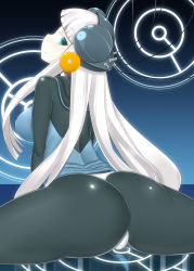 Rule 34 | 1girl, aqua eyes, ass, bodysuit, borrowed character, breasts, cable, electro emilia, highres, huge ass, large breasts, long hair, looking back, neon trim, original, panties, panties over pantyhose, pantyhose, smile, solo, toudori, underwear, white hair, white panties, wire