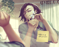 Rule 34 | 10s, 1boy, beard, brown eyes, brown hair, english text, face, facial hair, hand on own face, hanehito, jewelry, kaburagi t. kotetsu, male focus, mirror, note, plant, potted plant, razor, ring, shaving, shaving cream, short hair, sleeves rolled up, solo, stubble, tiger &amp; bunny, wedding band