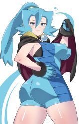 Rule 34 | 00s, 1girl, alternate color, ass, bare shoulders, black cape, blue eyes, blue gloves, blue hair, body blush, bodysuit, breasts, cape, clair (pokemon), covered erect nipples, cowboy hat, cowboy shot, creatures (company), from behind, game freak, gem, gloves, gym leader, hair between eyes, hand on own hip, hat, high ponytail, highres, komusou (jinrikisha), large breasts, long hair, looking at viewer, looking back, matching hair/eyes, nintendo, pearl (gemstone), pokemon, pokemon hgss, ponytail, shiny clothes, shiny skin, simple background, skin tight, smile, solo, standing, unitard, white background