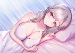 Rule 34 | 1girl, azur lane, bare shoulders, breasts, cleavage, commentary request, dress, dunkerque (azur lane), grey hair, jewelry, large breasts, long hair, looking at viewer, lying, necklace, on bed, on side, pillow, red eyes, sleeveless, sleeveless dress, solo, white dress, yosame yugyo