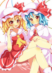 Rule 34 | 2girls, ascot, blonde hair, blue hair, blush, brooch, dress, fang, flandre scarlet, hand on own knee, hat, hat ribbon, highres, jewelry, mob cap, multiple girls, open mouth, pink dress, puffy sleeves, red dress, red eyes, red skirt, remilia scarlet, ribbon, shirt, short sleeves, siblings, side ponytail, sisters, sitting, skirt, smile, touhou, yuimari