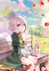Rule 34 | 1girl, absurdres, alternate eye color, antenna hair, bad id, bad pixiv id, bench, between legs, cat, cloud, cloudy sky, commentary, detached sleeves, dress, elf, falling petals, feet out of frame, flower, gold trim, green dress, hair between eyes, hair flower, hair ornament, hand between legs, highres, jewelry, kokkoro (princess connect!), leviathan (hikinito0902), long sleeves, necklace, orange eyes, outdoors, petals, pointy ears, princess connect!, puffy long sleeves, puffy sleeves, short hair, silver hair, sitting, sky, sleeveless, sleeveless dress, smile, tree, v arms, white cat, white flower