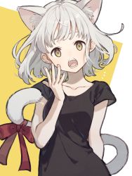 Rule 34 | 1girl, animal ear fluff, animal ears, black shirt, bow, cat ears, cat girl, cat tail, collarbone, commentary, hana moto, hand up, highres, open mouth, original, red bow, shirt, short hair, short sleeves, solo, tail, tail bow, tail ornament, teeth, upper body, white background, white hair, yawning, yellow background, yellow eyes