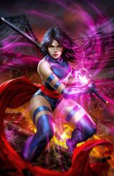 Rule 34 | 1girl, architecture, armband, black hair, blurry, blurry background, boots, dcwj, depth of field, drawing sword, east asian architecture, gloves, highres, holding, holding sword, holding weapon, katana, leotard, long hair, magic, marvel, psylocke, purple footwear, purple gloves, purple leotard, red sash, sash, signature, solo, sword, thigh boots, thigh strap, waist sash, weapon, x-men