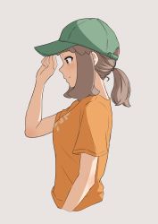 Rule 34 | 1girl, absurdres, adjusting clothes, adjusting headwear, baseball cap, blouse, brown eyes, brown hair, character request, closed mouth, from side, green hat, hand up, hat, highres, light blush, long hair, michikusaya, nishizuki shino, orange shirt, ponytail, shirt, short sleeves, sidelocks, simple background, smile, solo, upper body, white background