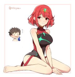 Rule 34 | 1boy, 1girl, breasts, chest jewel, highres, large breasts, mochimochi (xseynao), pyra (pro swimmer) (xenoblade), pyra (xenoblade), rex (xenoblade), simple background, swimsuit, white background, xenoblade chronicles (series), xenoblade chronicles 2