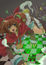 Rule 34 | 1girl, :d, aikosu (icos), bell, boots, brown hair, cape, checkered floor, duel monster, floor, green eyes, hat, hood, hooded cape, lying, magic circle, on stomach, open mouth, pointy ears, red cape, red headwear, red hood, saambell the summoner, skirt, smile, twintails, yu-gi-oh!