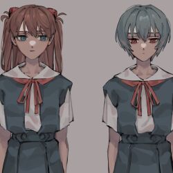 Rule 34 | 2girls, ayanami rei, bad id, bad twitter id, blue eyes, clenched hands, closed mouth, commentary request, grey background, hair between eyes, hair ornament, hair ribbon, highres, interface headset, long hair, looking at another, looking down, multiple girls, neck ribbon, neon genesis evangelion, orange hair, red eyes, red ribbon, ribbon, school uniform, short hair, short sleeves, simple background, skirt, souryuu asuka langley, suspender skirt, suspenders, tokyo-3 middle school uniform, ulov390