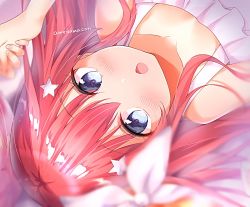 Rule 34 | 1girl, amedamacon, artist name, bare shoulders, blue eyes, blurry, blurry background, blush, chestnut mouth, commentary request, depth of field, dress, fingernails, go-toubun no hanayome, hair between eyes, hair ornament, hand up, holding hands, looking at viewer, lying, nakano itsuki, on back, open mouth, out of frame, ribbon, signature, sleeveless, sleeveless dress, solo focus, star (symbol), star hair ornament, upside-down, white dress, white ribbon