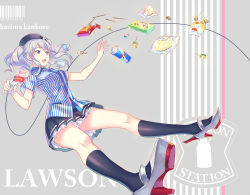 Rule 34 | 10s, 1girl, barcode scanner, brand name imitation, bread, can, candy, character name, copyright name, drink, employee uniform, energy drink, food, hat, high heels, highres, kantai collection, kashima (kancolle), kunreishiki, lawson, lollipop, melon bread, pocky, red bull, romaji text, silver hair, skirt, solo, suzaku (zaku6584), twintails, uniform, wavy hair