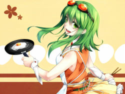 Rule 34 | 1girl, apron, bad id, bad pixiv id, egg, female focus, frying pan, goggles, goggles on head, green eyes, green hair, gumi, matching hair/eyes, open mouth, red-tinted eyewear, ryou (pixiv779953), short hair, short hair with long locks, smile, solo, tinted eyewear, vocaloid, wrist cuffs