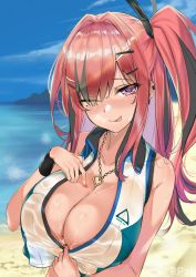 Rule 34 | 1girl, ;p, alternate hairstyle, azur lane, bad id, bad pixiv id, beach, blush, breasts, bremerton (azur lane), bremerton (scorching-hot training) (azur lane), center opening, cleavage, clothes pull, collared shirt, crop top, crop top overhang, day, ear piercing, hair between eyes, hair intakes, hair ornament, hairclip, hand on own chest, heart, heart-shaped pupils, heart necklace, highres, jewelry, large breasts, long hair, looking at viewer, mole, mole on breast, mole under eye, multicolored hair, nail polish, necklace, no bra, nose blush, ocean, one eye closed, one side up, outdoors, piercing, pink eyes, pink hair, red nails, see-through, shirt, shirt pull, sky, sleeveless, sleeveless shirt, sportswear, srpzk, streaked hair, sweat, sweatband, symbol-shaped pupils, tennis uniform, tongue, tongue out, twitter username, upper body, wet, wet clothes, x hair ornament