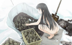Rule 34 | 1girl, barefoot, black eyes, black hair, box, breasts, completely nude, dirty hands, flat chest, from side, full body, long hair, nipples, nude, original, outdoors, potato, roreru (rorerore-ya), shovel, sideboob, signature, snow, solo, squatting, very long hair