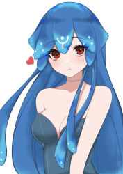 Rule 34 | 1girl, absurdres, bao (vtuber), bao (vtuber) (1st costume), blue hair, breasts, cleavage, frown, heart, highres, indie virtual youtuber, light blush, liquid hair, long hair, looking at viewer, medium breasts, red eyes, salveria (luckyshotsss), solo, virtual youtuber, white background