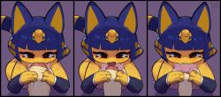 Rule 34 | 1girl, :3, absurdres, animal crossing, animal ears, ankha (animal crossing), arm warmers, artist name, biting, blue hair, blunt bangs, brown eyes, cat ears, cat tail, egyptian, erection, eyeliner, fang, fellatio, foreskin, furry, furry female, hair ornament, highres, honey calamari, licking, licking penis, looking at penis, looking at viewer, makeup, multicolored hair, nintendo, oral, penis, penis grab, penis growth, phimosis, pointy ears, purple background, shadow, simple background, sleeveless, snake hair ornament, solo focus, sparkle, striped tail, tail, tongue, tongue out, two-tone hair, uncensored