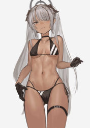 Rule 34 | bad id, bad pixiv id, bare shoulders, bikini, black bikini, black bow, black choker, black gloves, black ribbon, blue archive, bow, breasts, breasts apart, brown eyes, choker, closed mouth, collarbone, cowboy shot, dark-skinned female, dark skin, gloves, grey hair, hair bow, hair over one eye, halo, highres, iori (blue archive), iori (swimsuit) (blue archive), konoike (pepe expect), long hair, looking at viewer, medium breasts, multi-strapped bikini bottom, navel, pointy ears, ribbon, side-tie bikini bottom, simple background, solo, stomach, swimsuit, thigh strap, toned, tray, twintails, v-shaped eyebrows, very long hair, white background