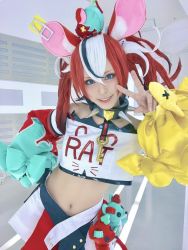 Rule 34 | cosplay, hakos baelz, highres, holocouncil, hololive, hololive english, looking at viewer, midriff, photo (medium), smile, solo, virtual youtuber