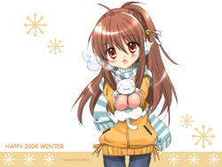Rule 34 | 00s, 1girl, 2008, artist name, bell, brown hair, cat, cowboy shot, earmuffs, hair bell, hair ornament, izumi rei, jingle bell, lennon, little busters!, long hair, looking at viewer, mittens, natsume rin, open mouth, red eyes, scarf, solo, striped clothes, striped scarf, wallpaper