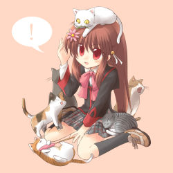 Rule 34 | !, 1girl, animal, animal on head, bow, brown hair, cat, cat on head, cat teaser, flower, highres, lennon, little busters!, long hair, natsume rin, on head, pink bow, plaid, plaid skirt, ponytail, red eyes, ryuuga nanamaru, school uniform, skirt, spoken exclamation mark, squatting, too many, too many cats