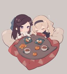 Rule 34 | 2girls, black hairband, black shirt, blonde hair, blue bow, blush, bow, brown hair, cake, cake slice, chibi, chibi only, closed eyes, closed mouth, commentary, cup, cushion, food, fork, frilled shirt, frills, fruit, grey background, hair bow, hair ornament, hairband, half updo, hand up, hands up, highres, holding, holding fork, holding plate, kotatsu, long hair, long sleeves, looking at another, mandarin orange, multiple girls, parted bangs, plate, purple eyes, ribbed sweater, saijou claudine, shirt, shoujo kageki revue starlight, sidelocks, simple background, sitting, squeans, sleeping, sleeping upright, smile, sweater, symbol-only commentary, table, tea, teacup, tendou maya, under kotatsu, under table, wato (ko), wavy hair, white sweater, x hair ornament