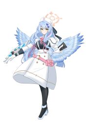 Rule 34 | 1girl, absurdres, angel, angel wings, bag, black thighhighs, blue archive, blue hair, braid, card, commission, commissioner upload, crossover, dress, duel disk, full body, green eyes, hair ornament, halo, hat, high heels, highres, holding, holding card, mamemame (user ntpx2584), mine (blue archive), non-web source, nurse, nurse cap, pixiv commission, standing, thighhighs, transparent background, twin braids, white dress, white footwear, wings, x hair ornament, yu-gi-oh!