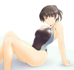 Rule 34 | 1girl, amagami, arm support, bare shoulders, black eyes, black hair, breasts, competition swimsuit, large breasts, legs, long legs, one-piece swimsuit, sasaki akira (ugc), short hair, simple background, sitting, solo, swimsuit, tsukahara hibiki