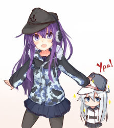 Rule 34 | 2girls, akatsuki (kancolle), alternate costume, bad id, bad pixiv id, black hat, black legwear, blue eyes, blue skirt, blush, camouflage, chibi, commentary request, earmuffs, gradient background, hat, hibiki (kancolle), jacket, kantai collection, long hair, looking at viewer, multiple girls, no arms, no legs, no mouth, object on head, pantyhose, pleated skirt, purple eyes, purple hair, reitou mikan, remodel (kantai collection), russian text, school uniform, serafuku, silver hair, skirt, sparkle, verniy (kancolle), white hat