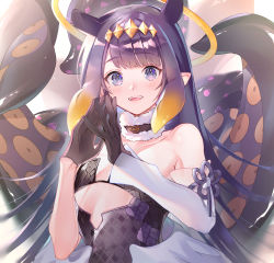 Rule 34 | 1girl, asymmetrical gloves, black dress, black gloves, blunt bangs, blush, choker, commentary request, cute mdr, detached sleeves, dress, flat chest, fur choker, gloves, gradient hair, halo, highres, hololive, hololive english, low wings, mole, mole under eye, multicolored hair, ninomae ina&#039;nis, ninomae ina&#039;nis (1st costume), open mouth, orange hair, patterned clothing, pointy ears, purple eyes, sidelocks, solo, strapless, strapless dress, tentacle hair, tentacles, tube dress, uneven gloves, upper body, virtual youtuber, wings